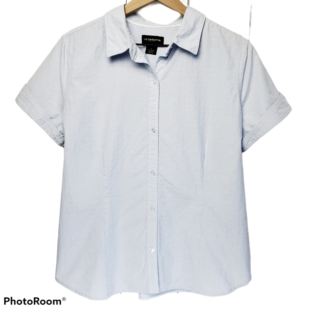 Liz Claiborne | Womens Classic Micro Stripe Swiss Dot Button Down Shirt Large